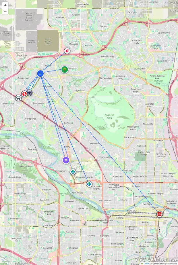 Daily accessibility map for 46 ARBOUR RIDGE PA NW, Calgary showing nearby schools, grocery stores, parks, LRT stations and nearby amenities