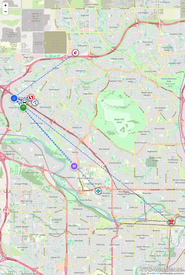 Daily accessibility map for 214 SCENIC VIEW BA NW, Calgary showing nearby schools, grocery stores, parks, LRT stations and nearby amenities
