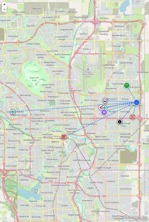 Daily accessibility map for 7179 LAGUNA WY NE, Calgary showing nearby schools, grocery stores, parks, LRT stations and nearby amenities