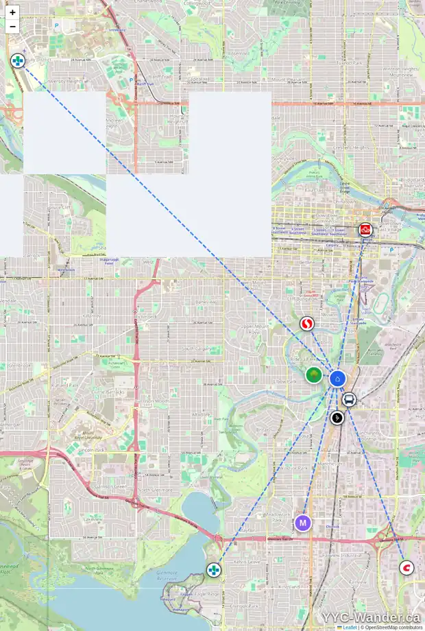 Daily accessibility map for 3813 PARKHILL ST SW, Calgary showing nearby schools, grocery stores, parks, LRT stations and nearby amenities