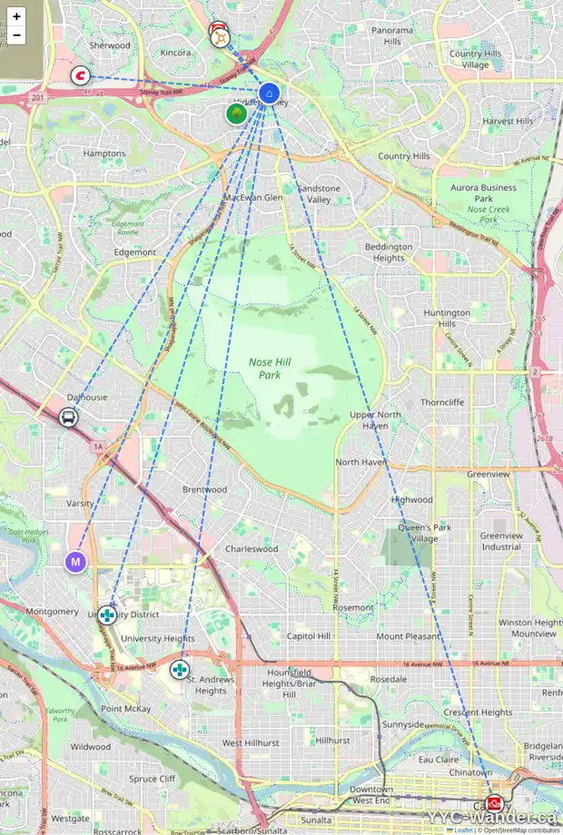 Daily accessibility map for 34 HIDDEN SPRING GR NW, Calgary showing nearby schools, grocery stores, parks, LRT stations and nearby amenities