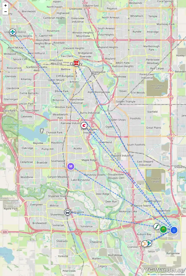 Daily accessibility map for 40 MASTERS TC SE, Calgary showing nearby schools, grocery stores, parks, LRT stations and nearby amenities