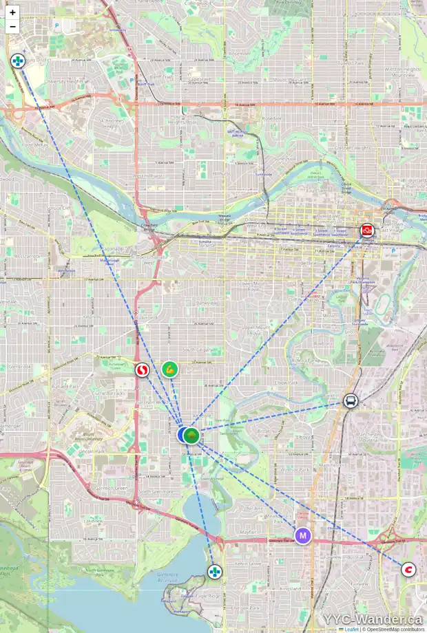 Daily accessibility map for 1935 46 AV SW, Calgary showing nearby schools, grocery stores, parks, LRT stations and nearby amenities