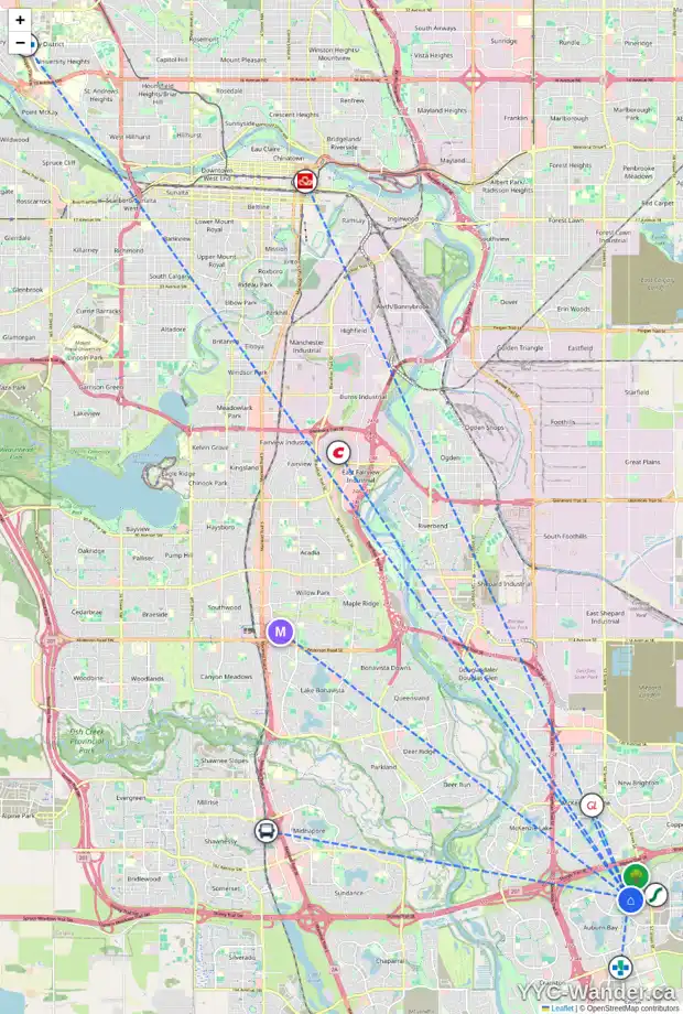 Daily accessibility map for 104 AUBURN GLEN CL SE, Calgary showing nearby schools, grocery stores, parks, LRT stations and nearby amenities