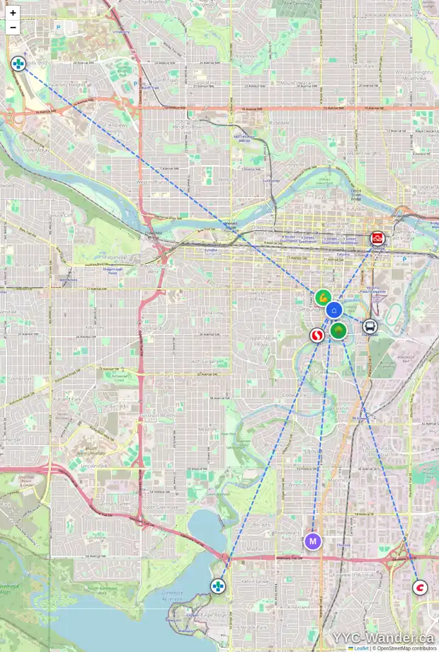 Daily accessibility map for 2020 2 ST SW, Calgary showing nearby schools, grocery stores, parks, LRT stations and nearby amenities