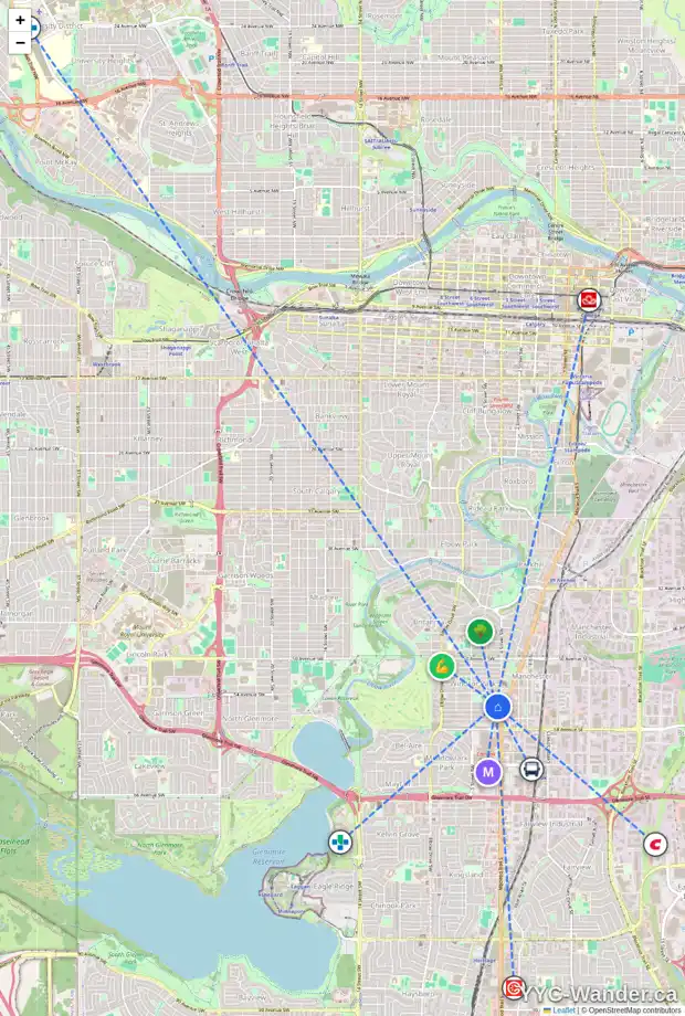 Daily accessibility map for 415 55 AV SW, Calgary showing nearby schools, grocery stores, parks, LRT stations and nearby amenities