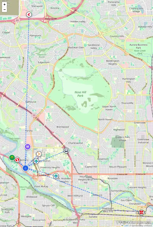 Daily accessibility map for 4528 17 AV NW, Calgary showing nearby schools, grocery stores, parks, LRT stations and nearby amenities