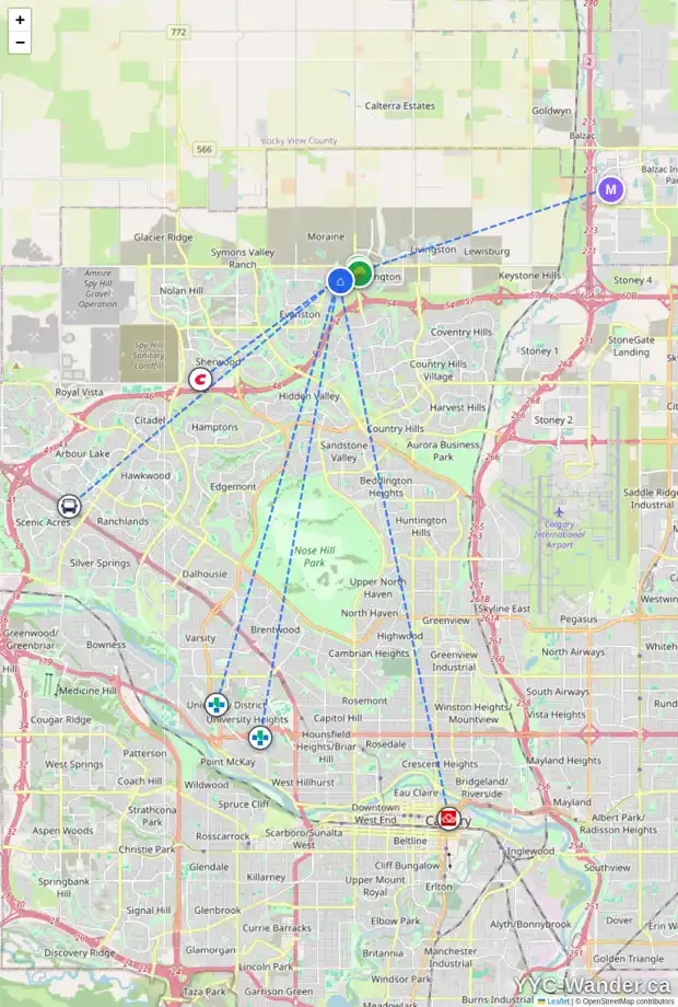 Daily accessibility map for 119 EVANSGLEN CI NW, Calgary showing nearby schools, grocery stores, parks, LRT stations and nearby amenities