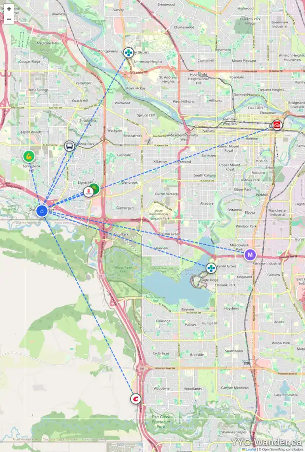 Daily accessibility map for 53 DISCOVERY RIDGE VW SW, Calgary showing nearby schools, grocery stores, parks, LRT stations and nearby amenities