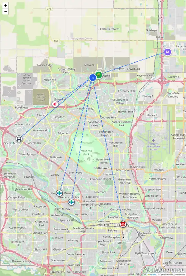 Daily accessibility map for 176 EVANSGLEN CI NW, Calgary showing nearby schools, grocery stores, parks, LRT stations and nearby amenities