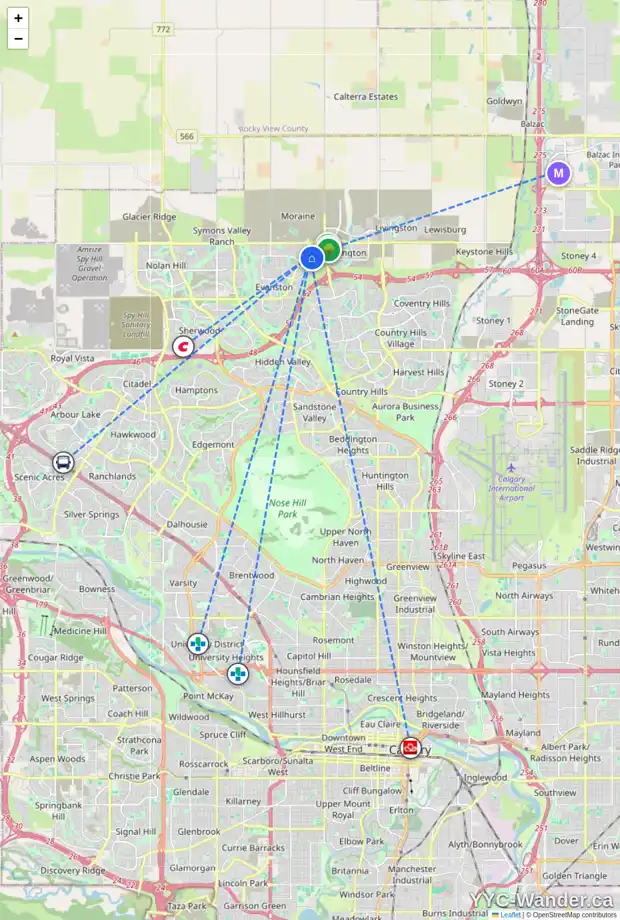 Daily accessibility map for 111 EVANSGLEN CI NW, Calgary showing nearby schools, grocery stores, parks, LRT stations and nearby amenities