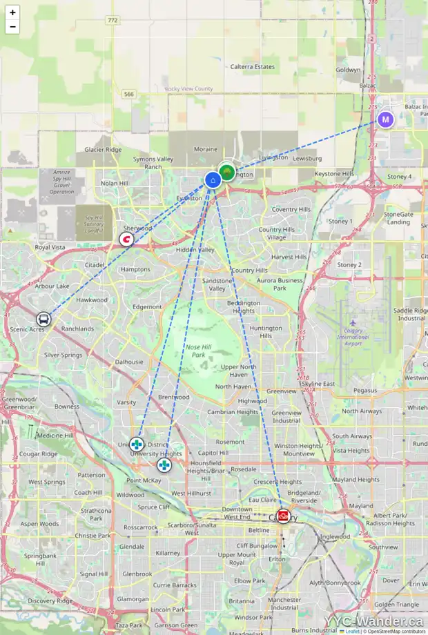 Daily accessibility map for 199 EVANSGLEN CI NW, Calgary showing nearby schools, grocery stores, parks, LRT stations and nearby amenities