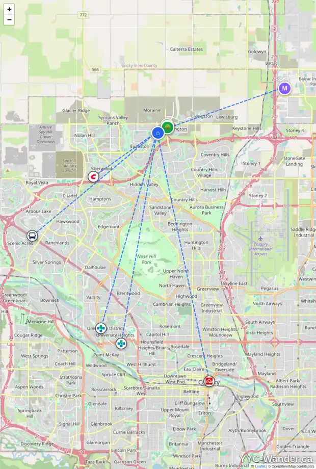 Daily accessibility map for 192 EVANSGLEN CI NW, Calgary showing nearby schools, grocery stores, parks, LRT stations and nearby amenities