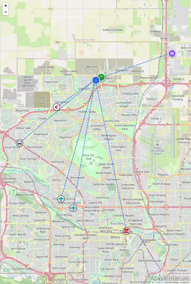 Daily accessibility map for 88 EVANSGLEN CI NW, Calgary showing nearby schools, grocery stores, parks, LRT stations and nearby amenities