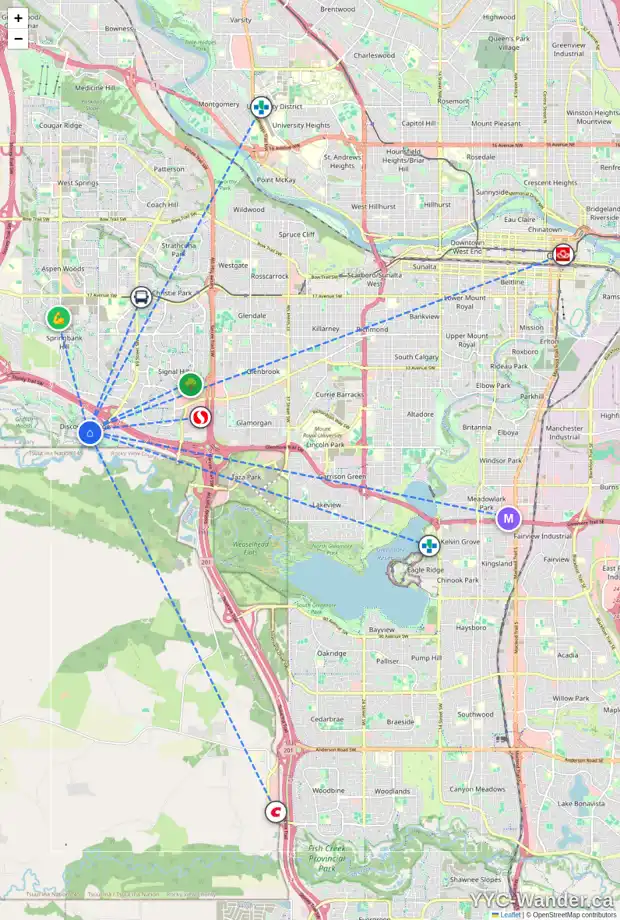 Daily accessibility map for 30 DISCOVERY RIDGE VW SW, Calgary showing nearby schools, grocery stores, parks, LRT stations and nearby amenities
