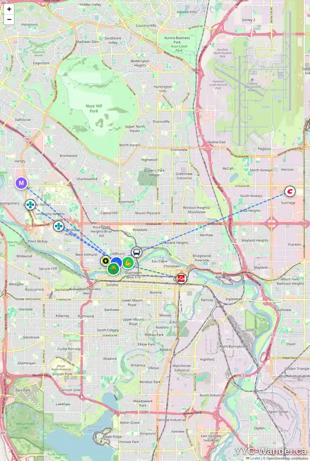 Daily accessibility map for 1646 WESTMOUNT RD NW, Calgary showing nearby schools, grocery stores, parks, LRT stations and nearby amenities