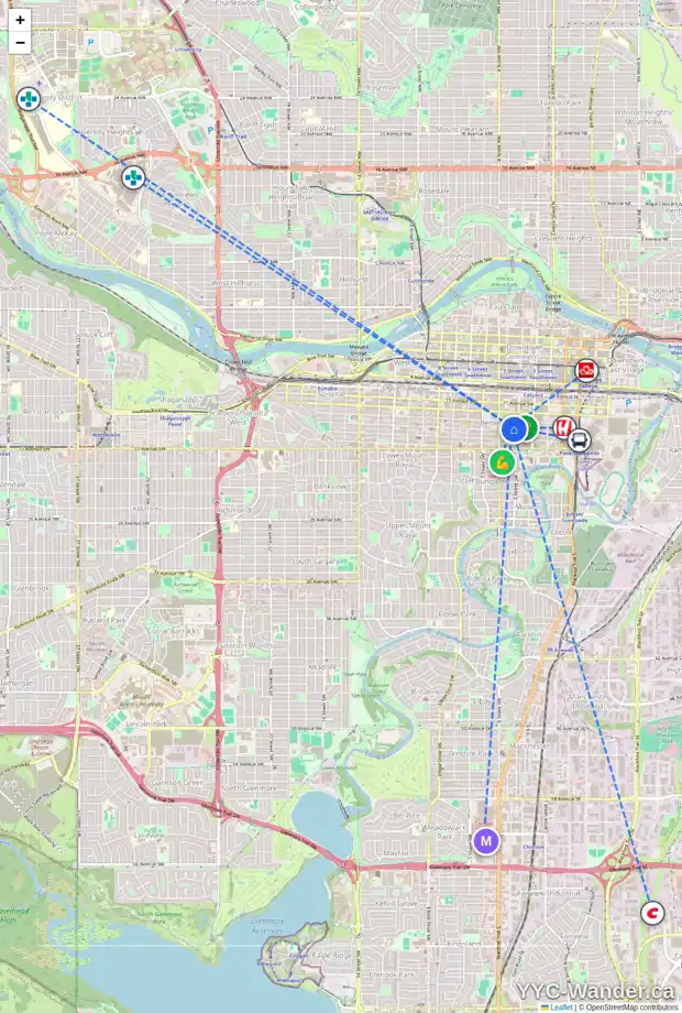 Daily accessibility map for 15 318 14 AV SW, Calgary showing nearby schools, grocery stores, parks, LRT stations and nearby amenities