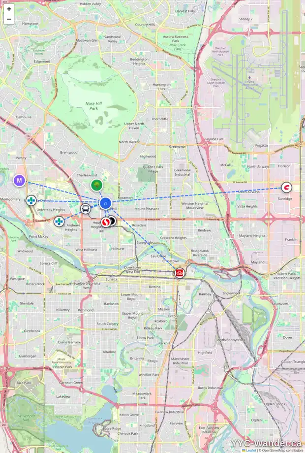 Daily accessibility map for 1828 23 AV NW, Calgary showing nearby schools, grocery stores, parks, LRT stations and nearby amenities