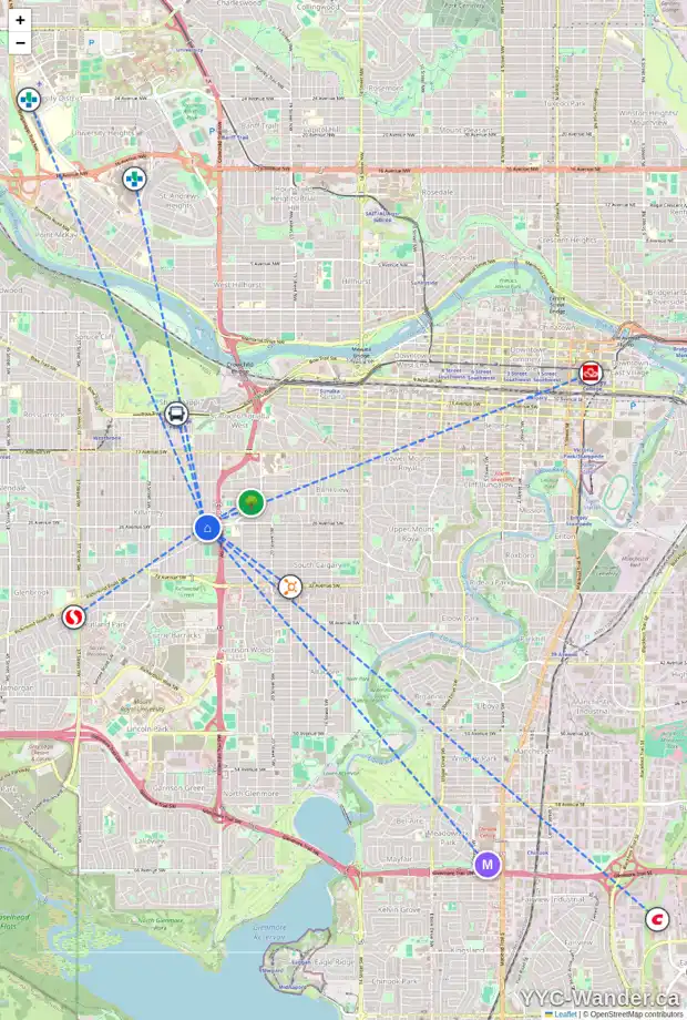 Daily accessibility map for 2642 25 ST SW, Calgary showing nearby schools, grocery stores, parks, LRT stations and nearby amenities