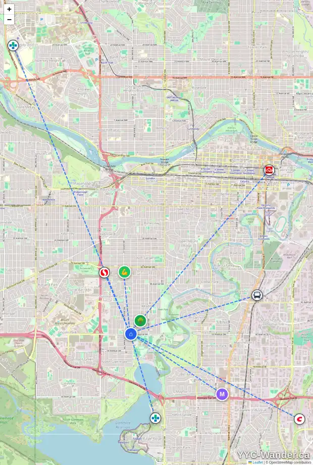 Daily accessibility map for 2016 50 AV SW, Calgary showing nearby schools, grocery stores, parks, LRT stations and nearby amenities