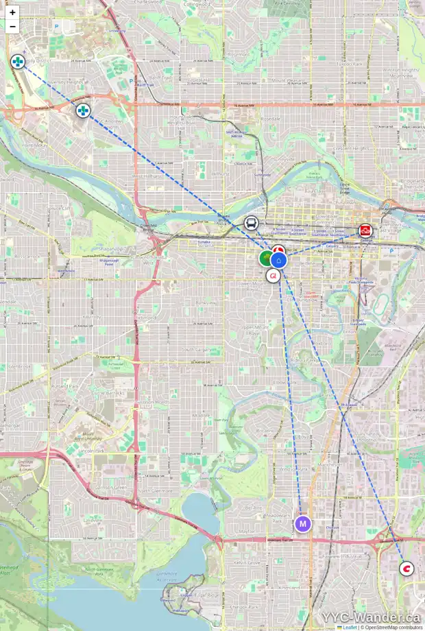 Daily accessibility map for 828 13 AV SW, Calgary showing nearby schools, grocery stores, parks, LRT stations and nearby amenities