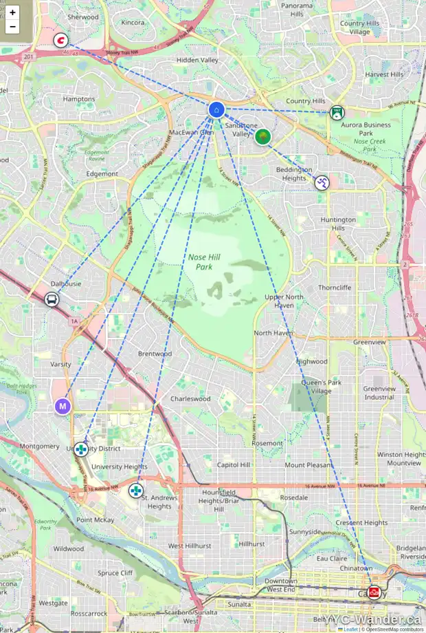 Daily accessibility map for 33 388 SANDARAC DR NW, Calgary showing nearby schools, grocery stores, parks, LRT stations and nearby amenities