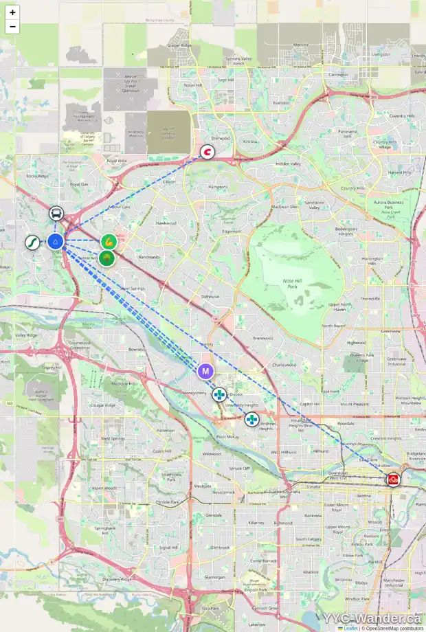 Daily accessibility map for 50 TUSCARORA VW NW, Calgary showing nearby schools, grocery stores, parks, LRT stations and nearby amenities