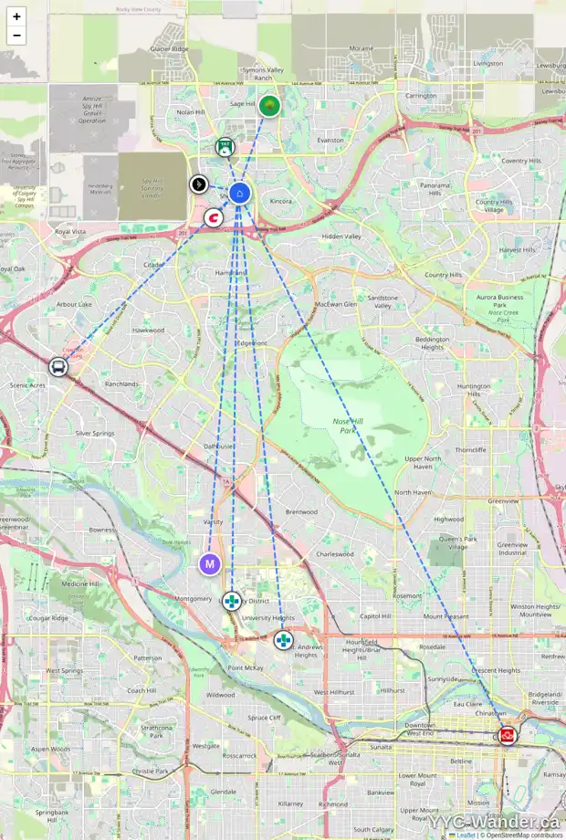 Daily accessibility map for 986 SHERWOOD BV NW, Calgary showing nearby schools, grocery stores, parks, LRT stations and nearby amenities