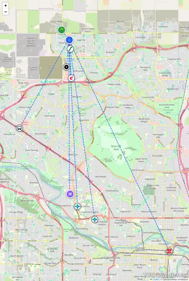 Daily accessibility map for 2111 450 SAGE VALLEY DR NW, Calgary showing nearby schools, grocery stores, parks, LRT stations and nearby amenities