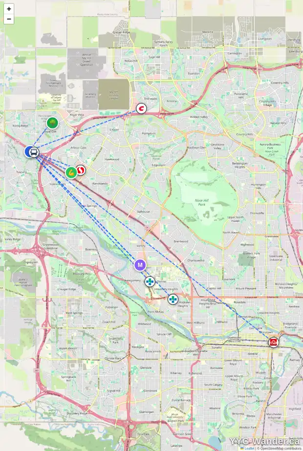 Daily accessibility map for 105 TUSCANY SPRINGS GD NW, Calgary showing nearby schools, grocery stores, parks, LRT stations and nearby amenities
