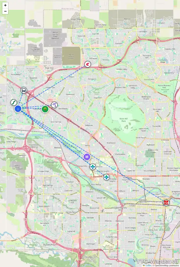 Daily accessibility map for 73 TUSCANY WY NW, Calgary showing nearby schools, grocery stores, parks, LRT stations and nearby amenities