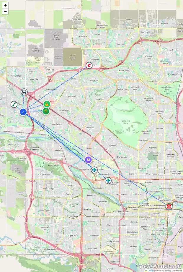 Daily accessibility map for 49 TUSCANY HILLS BA NW, Calgary showing nearby schools, grocery stores, parks, LRT stations and nearby amenities