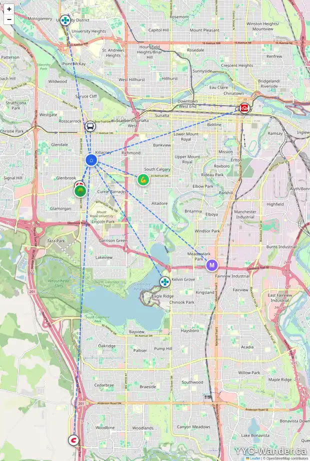 Daily accessibility map for 2 2816 34 ST SW, Calgary showing nearby schools, grocery stores, parks, LRT stations and nearby amenities
