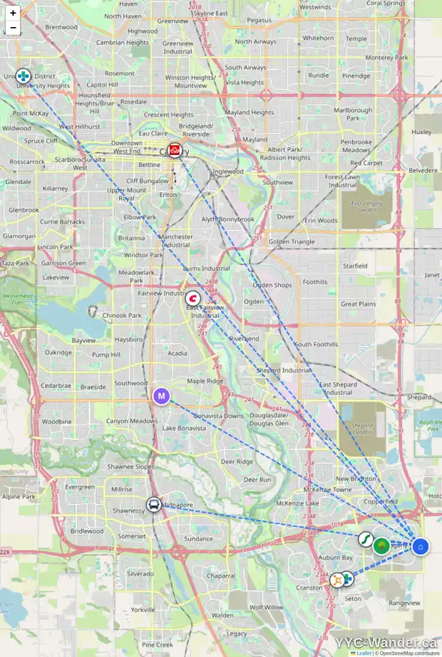 Daily accessibility map for 85 MASTERS ST SE, Calgary showing nearby schools, grocery stores, parks, LRT stations and nearby amenities