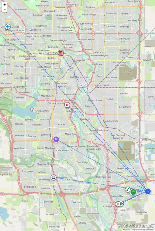 Daily accessibility map for 33 MASTERS RO SE, Calgary showing nearby schools, grocery stores, parks, LRT stations and nearby amenities