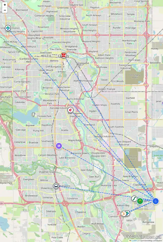 Daily accessibility map for 85 MASTERS RO SE, Calgary showing nearby schools, grocery stores, parks, LRT stations and nearby amenities