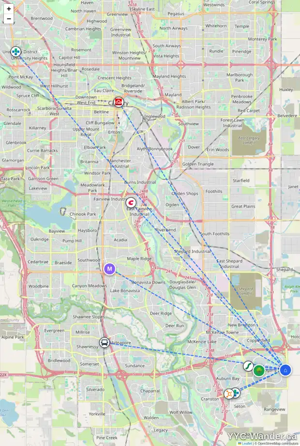 Daily accessibility map for 49 MASTERS ST SE, Calgary showing nearby schools, grocery stores, parks, LRT stations and nearby amenities