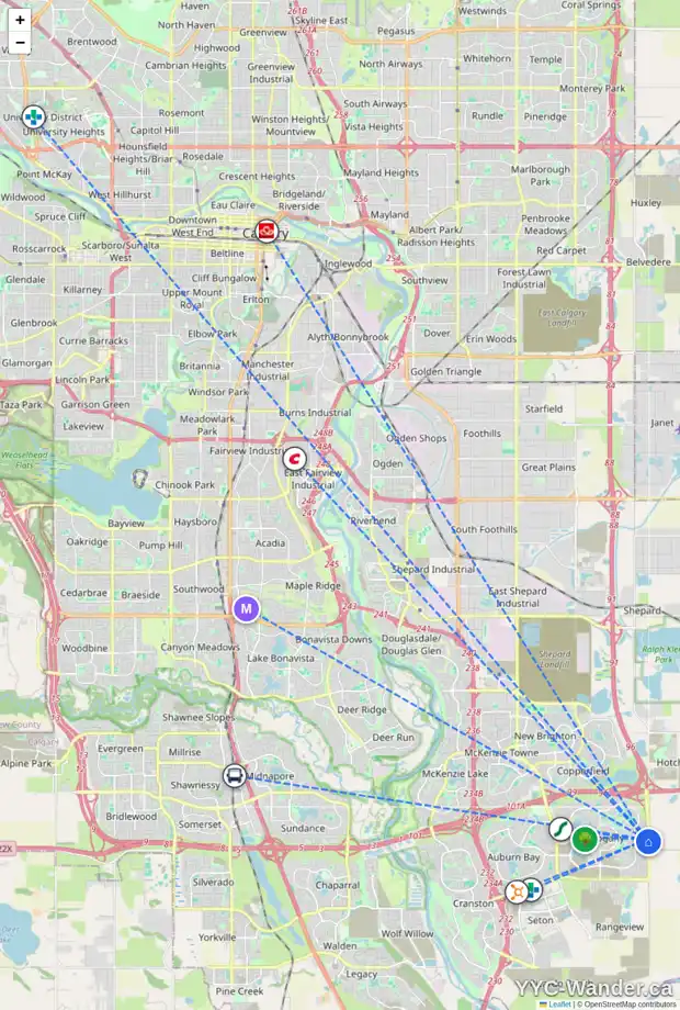 Daily accessibility map for 108 MASTERS RO SE, Calgary showing nearby schools, grocery stores, parks, LRT stations and nearby amenities