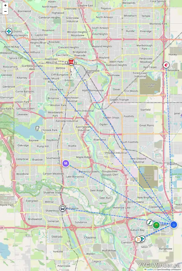 Daily accessibility map for 57 MASTERS RO SE, Calgary showing nearby schools, grocery stores, parks, LRT stations and nearby amenities