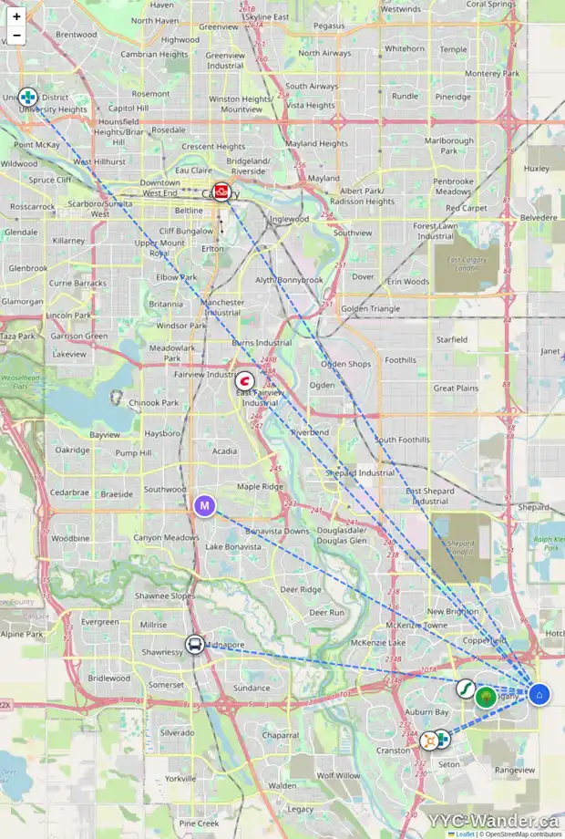 Daily accessibility map for 45 MASTERS RO SE, Calgary showing nearby schools, grocery stores, parks, LRT stations and nearby amenities