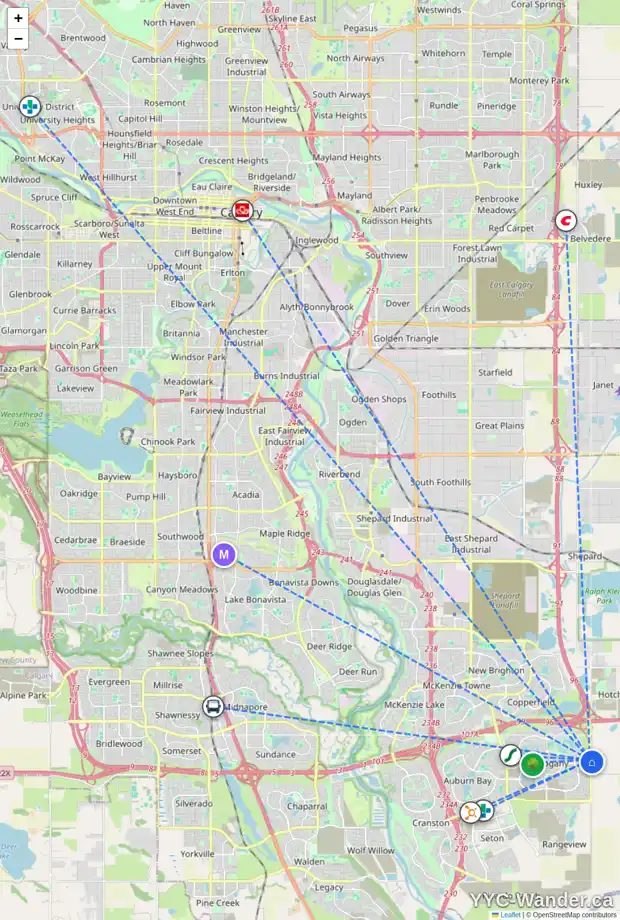 Daily accessibility map for 49 MASTERS RO SE, Calgary showing nearby schools, grocery stores, parks, LRT stations and nearby amenities