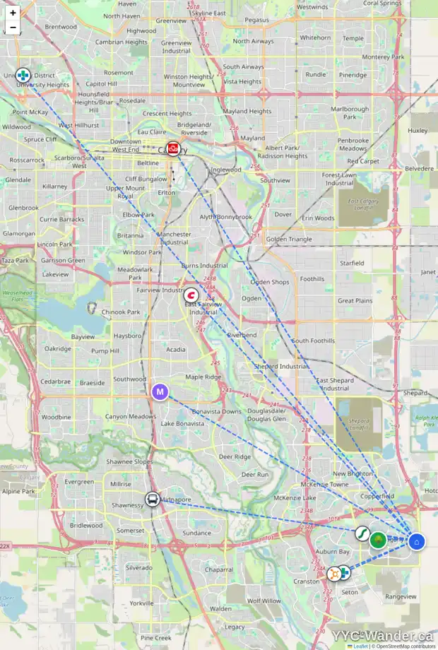 Daily accessibility map for 101 MASTERS ST SE, Calgary showing nearby schools, grocery stores, parks, LRT stations and nearby amenities