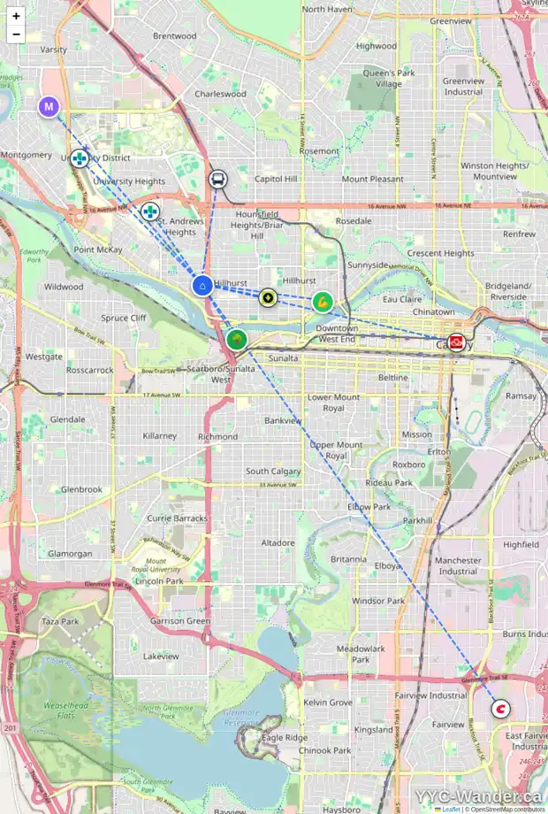 Daily accessibility map for 2533 3 AV NW, Calgary showing nearby schools, grocery stores, parks, LRT stations and nearby amenities