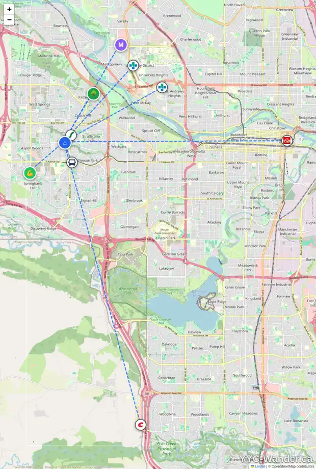 Daily accessibility map for 11 ASPEN RIDGE LN SW, Calgary showing nearby schools, grocery stores, parks, LRT stations and nearby amenities
