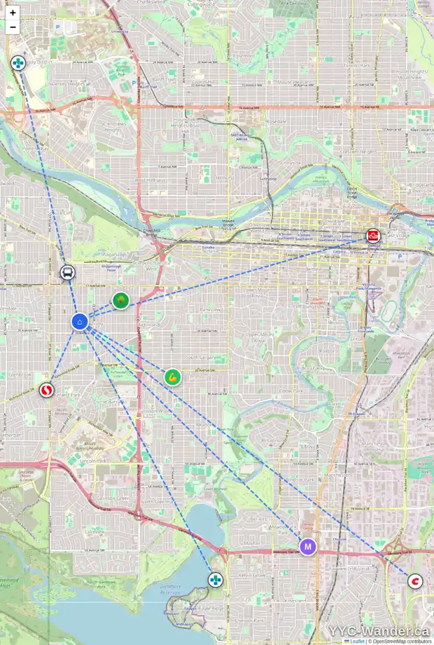 Daily accessibility map for 2428 32 ST SW, Calgary showing nearby schools, grocery stores, parks, LRT stations and nearby amenities