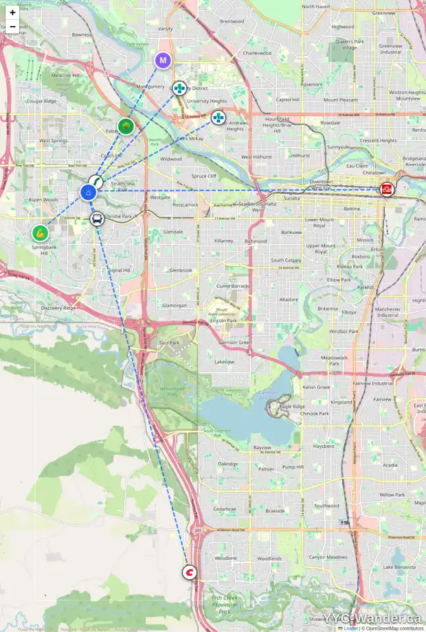 Daily accessibility map for 15 ASPEN RIDGE LN SW, Calgary showing nearby schools, grocery stores, parks, LRT stations and nearby amenities