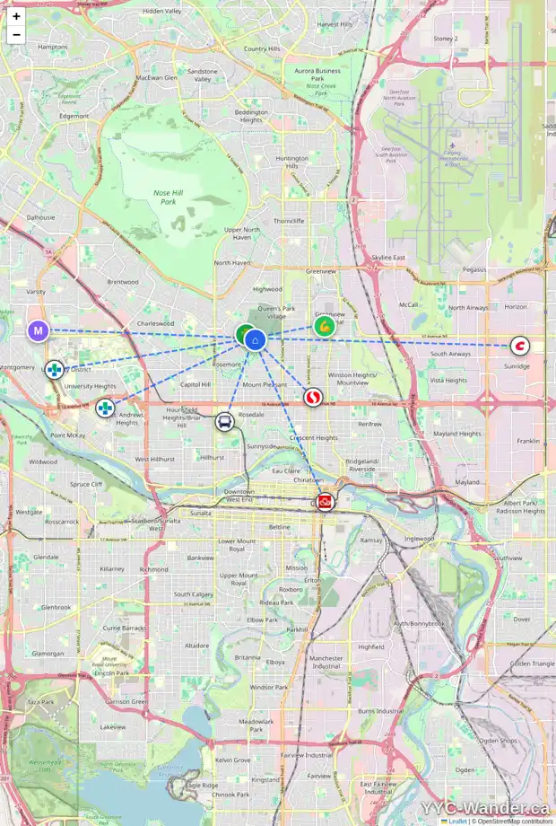 Daily accessibility map for 926 31 AV NW, Calgary showing nearby schools, grocery stores, parks, LRT stations and nearby amenities