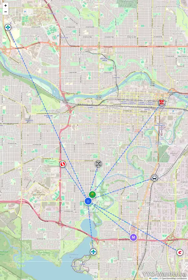 Daily accessibility map for 1718 50 AV SW, Calgary showing nearby schools, grocery stores, parks, LRT stations and nearby amenities