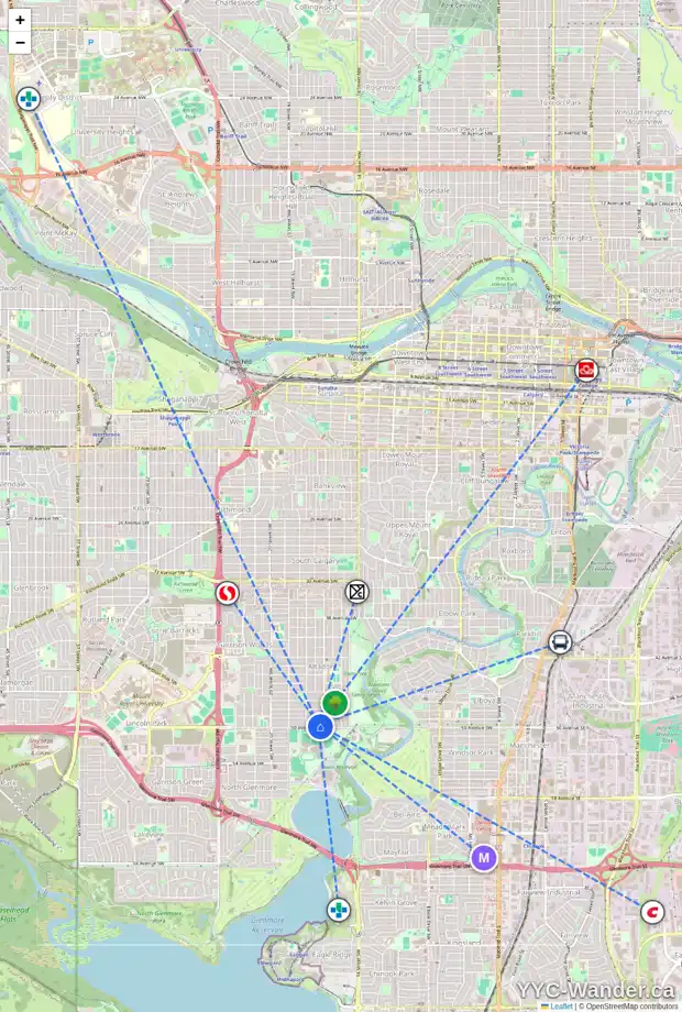 Daily accessibility map for 1716 50 AV SW, Calgary showing nearby schools, grocery stores, parks, LRT stations and nearby amenities