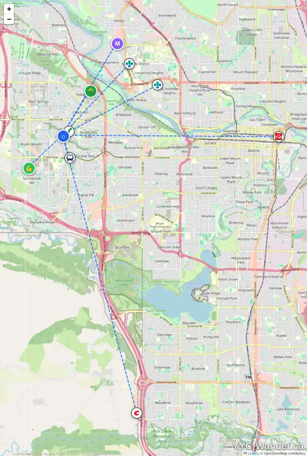 Daily accessibility map for 31 ASPEN RIDGE LN SW, Calgary showing nearby schools, grocery stores, parks, LRT stations and nearby amenities
